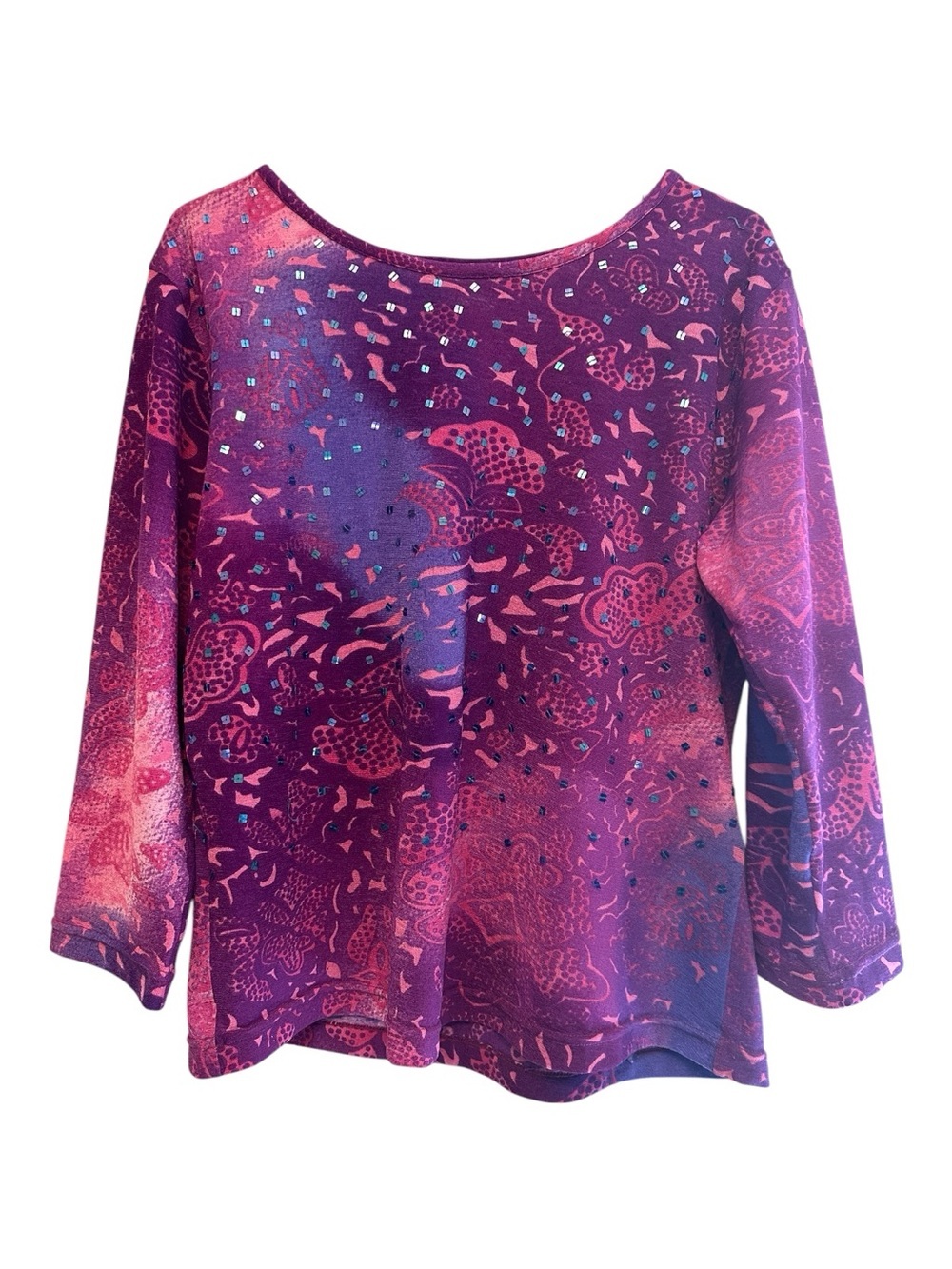 Vintage Y2K Vanity Sequined Purple and Pink Floral Print Scoop Neck Blouse XL